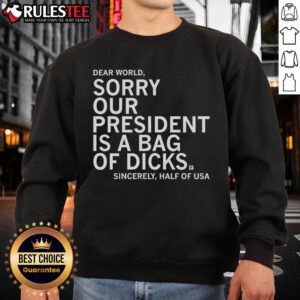 Jamie Bonkiewicz wearing our 'President Is A Bag Of Dicks' sweatshirt, showcasing bold political humor in casual fashion.