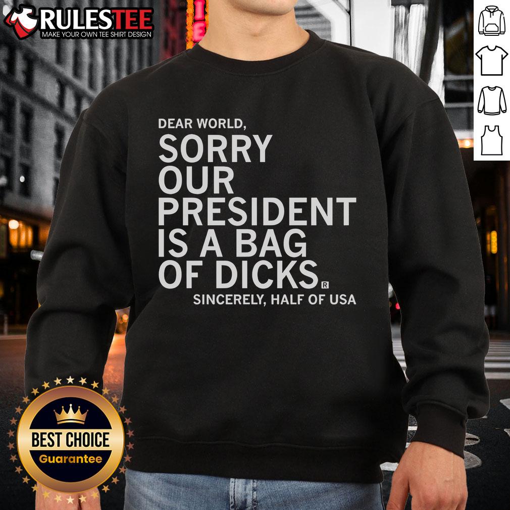 Jamie Bonkiewicz wearing our 'President Is A Bag Of Dicks' sweatshirt, showcasing bold political humor in casual fashion.