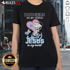 Nice Snoopy The Peanuts Dodgers tee for ladies, featuring 'Jesus In My Heart' design, perfect for baseball fans.