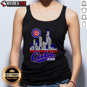 Official Chicago Cubs 2025 Skyline Name Tank Top featuring vibrant team colors and iconic city skyline design.