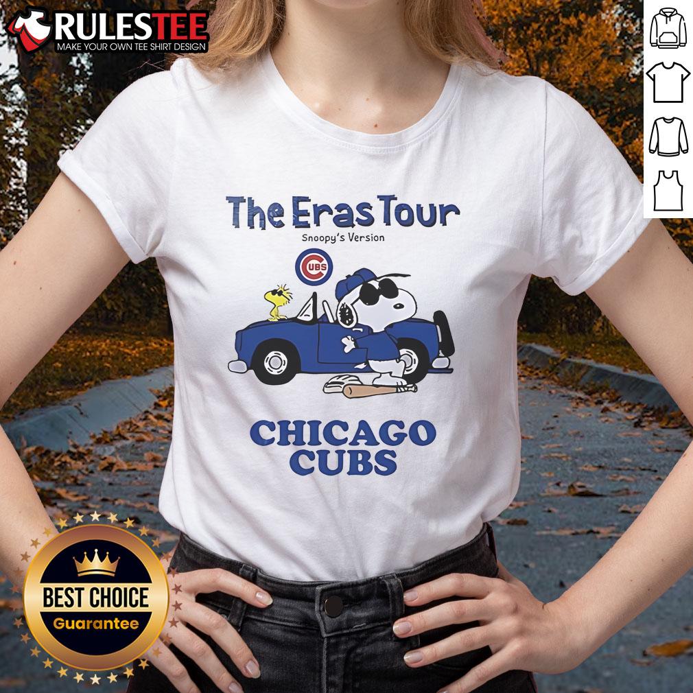 Alt Text: Official Chicago Cubs The Eras Tour Snoopy Ladies Tee featuring vibrant graphics and a stylish design for fans.