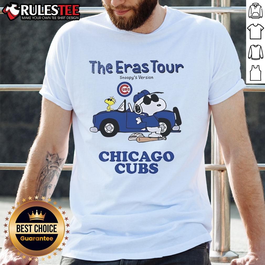 Official Chicago Cubs The Eras Tour Snoopy T-Shirt featuring colorful graphics and vintage sports style design.