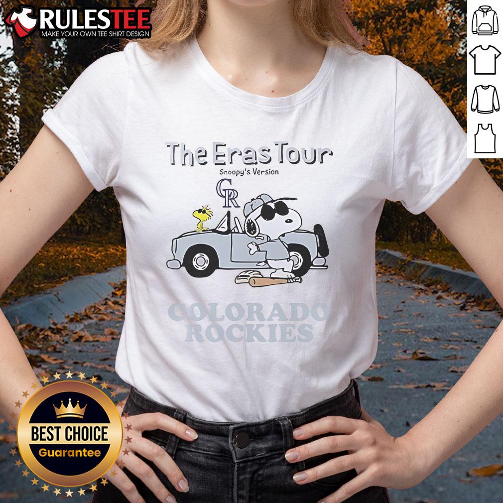 Alt Text: Official Colorado Rockies The Eras Tour Snoopy ladies tee featuring vibrant graphics and a stylish design.