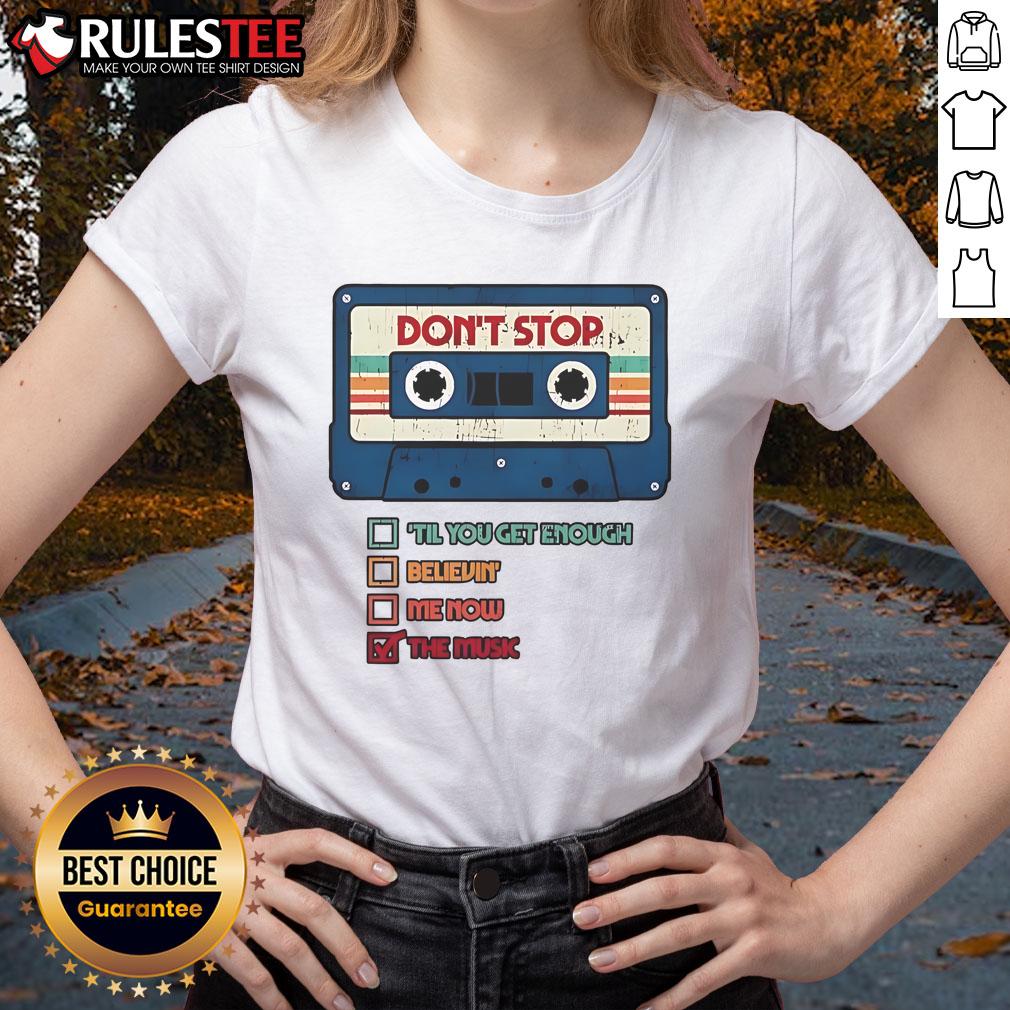 Alt Text: Retro vintage ladies tee featuring the official Don't Stop The Music cassette tape design for music lovers.