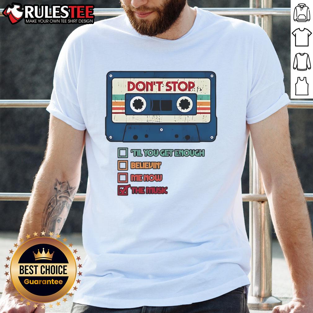 Official Don't Stop The Music cassette tape retro vintage T-shirt featuring classic 80s design and vibrant colors.