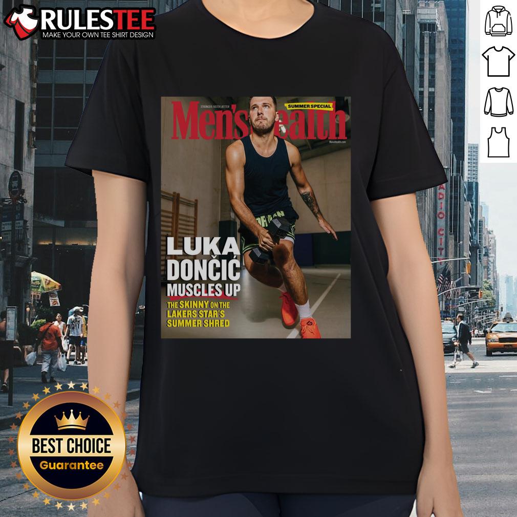 Luka Doncic showcasing muscles in a stylish Lakers tee, perfect for summer sports fans and apparel enthusiasts.
