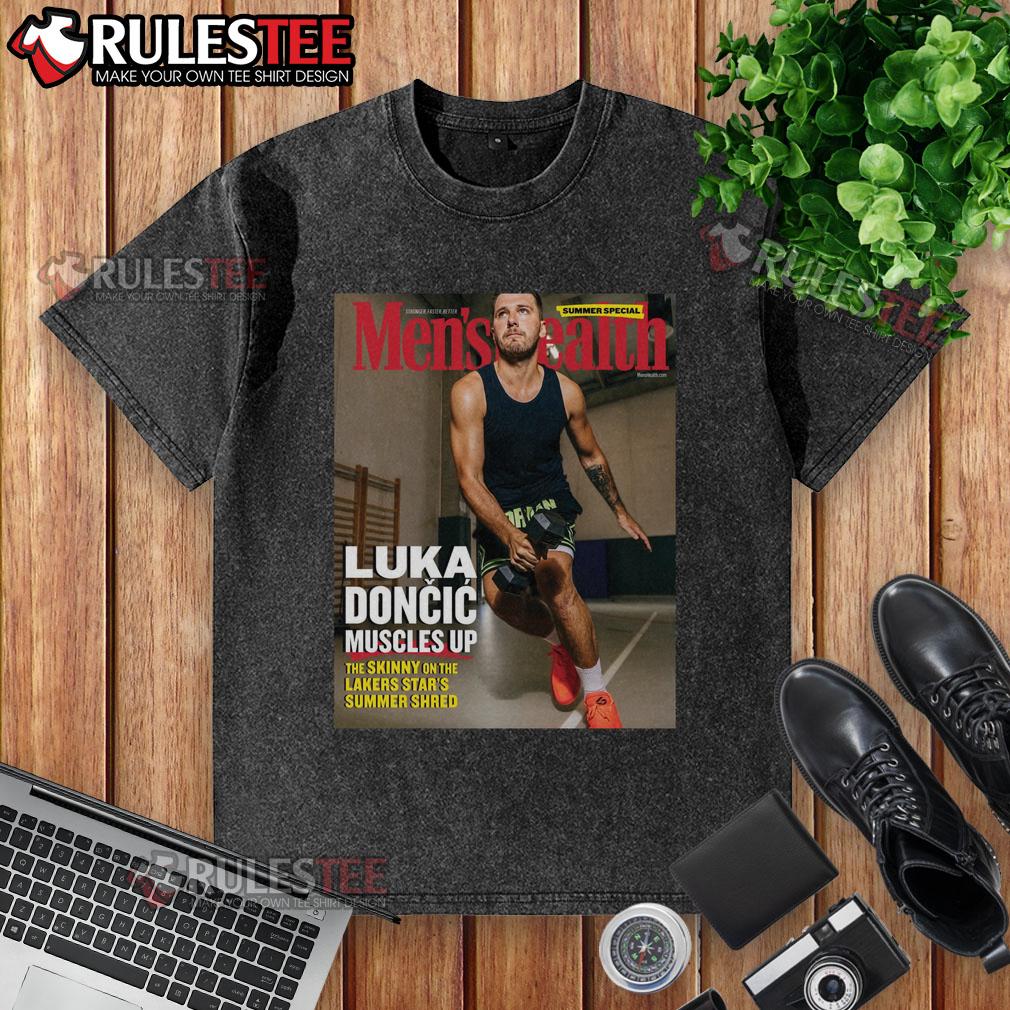 Luka Doncic shows off muscles in a Lakers-themed StartS Summers Sherd washed t-shirt during a game.