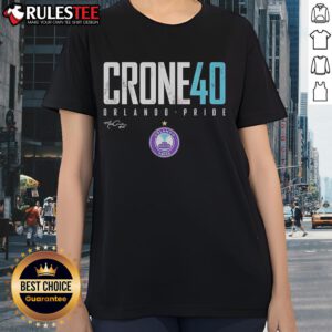 Official McKinley Crone 40 Orlando Pride Elite Signature Ladies Tee showcasing vibrant design and comfortable fit.