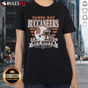 Alt Text: Official Tampa Bay Buccaneers NFC South 1976 helmet ladies tee featuring team logo and vintage design.