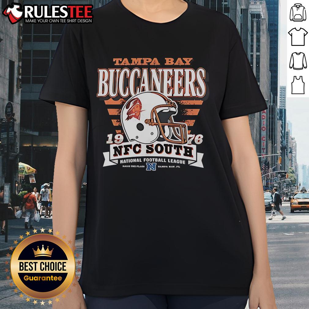 Alt Text: Official Tampa Bay Buccaneers NFC South 1976 helmet ladies tee featuring team logo and vintage design.