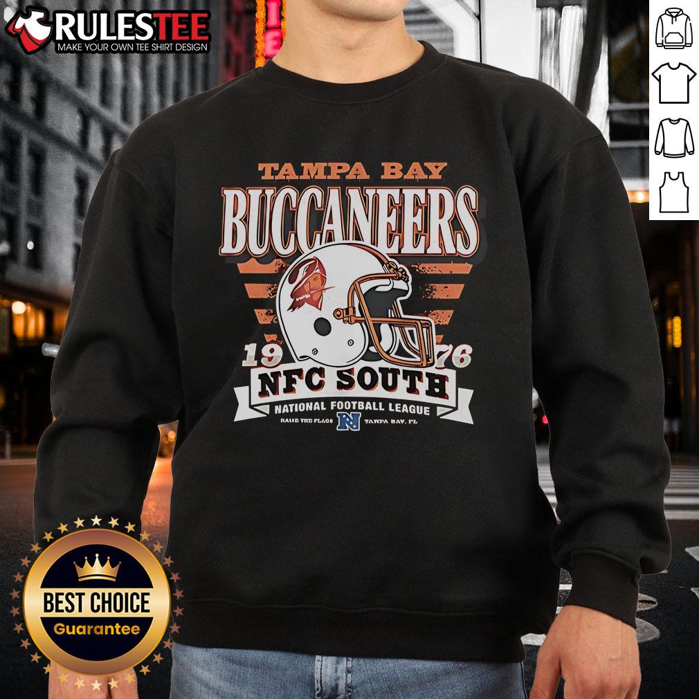 Alt Text: Official Tampa Bay Buccaneers NFC South 1976 helmet sweatshirt featuring vintage design and team colors.