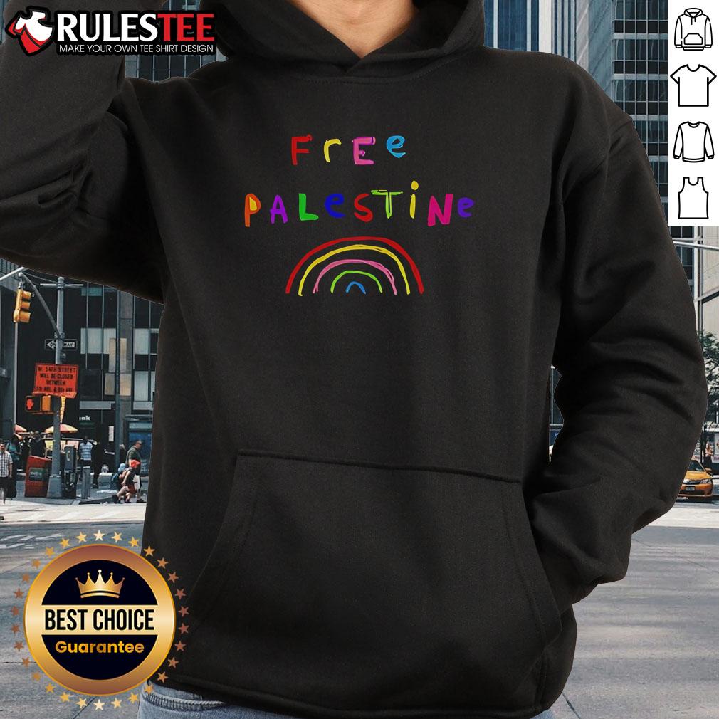 Colorful Pretty Free Palestine rainbow hoodie showcasing a vibrant design to support Palestinian rights and culture.