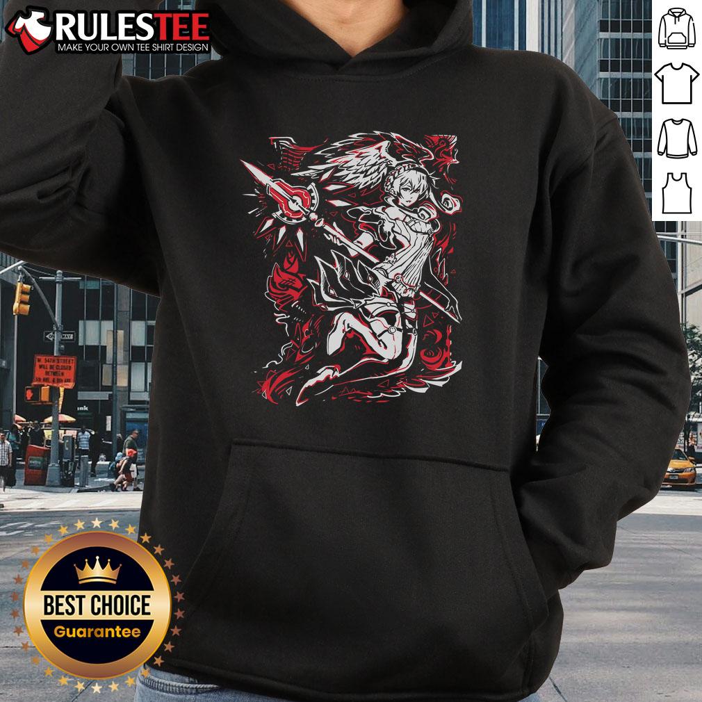 Pretty over-the-shoulder view of an angel warrior in a SGDQ 2025 hoodie, showcasing vibrant colors and intricate design.