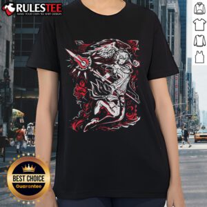 Pretty over-the-shoulder angel warrior design on SGDQ 2025 ladies tee, perfect for gaming events and casual wear.