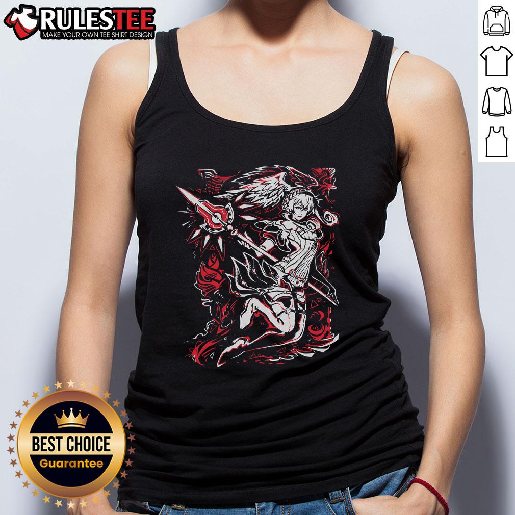 Pretty over-the-shoulder angel warrior in SGDQ 2025 tank top, showcasing vibrant design and stylish fit.