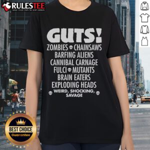 Alt Text: Top Guts Zombies design featuring chainsaws, aliens, and exploding heads on a ladies tee.