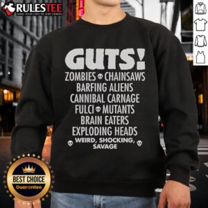 Graphic sweatshirt featuring zombies, chainsaws, and aliens in a horror-themed design for fans of Fulci and cannibal carnage.