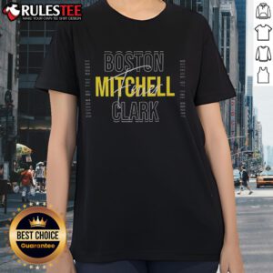 Top Kelsey Mitchell Indiana Fever basketball graphic on Boston Howard Clark Hall ladies tee shirt.