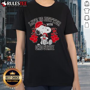 Top Snoopy Life Is Better with Ohio State Buckeyes Ladies Tee in red, perfect for Buckeyes fans and casual wear.