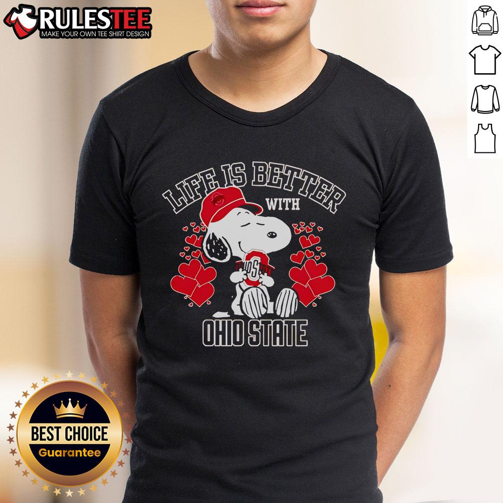 Top Snoopy Life Is Better With Ohio State Buckeyes T-Shirt featuring Snoopy and Buckeyes logo in vibrant colors.