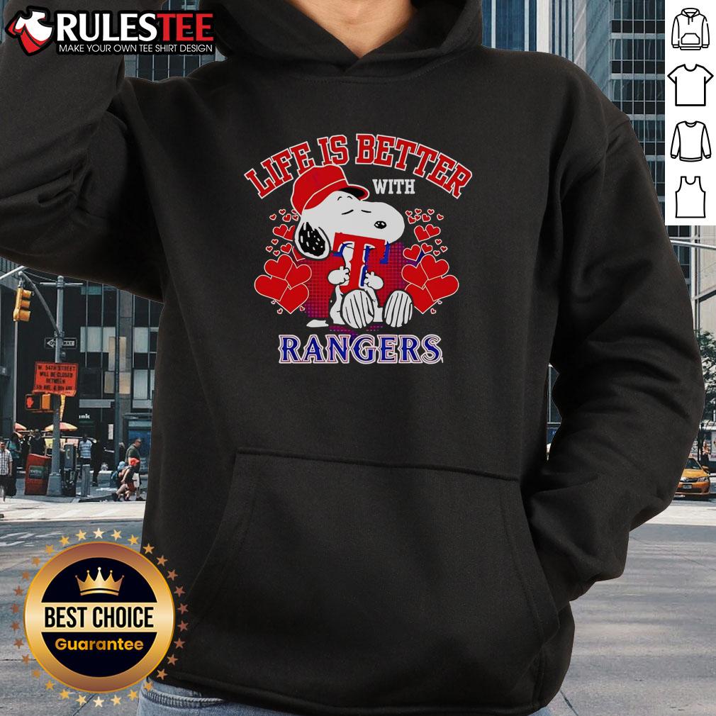 Alt Text: Cozy Top Snoopy Life Is Better With Rangers Hoodie featuring iconic Snoopy design for fans and cozy comfort.