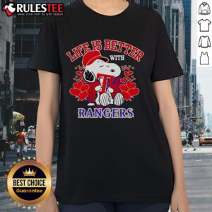 Alt Text: Top Snoopy Life Is Better With Rangers Ladies Tee featuring a playful Snoopy graphic in vibrant colors.