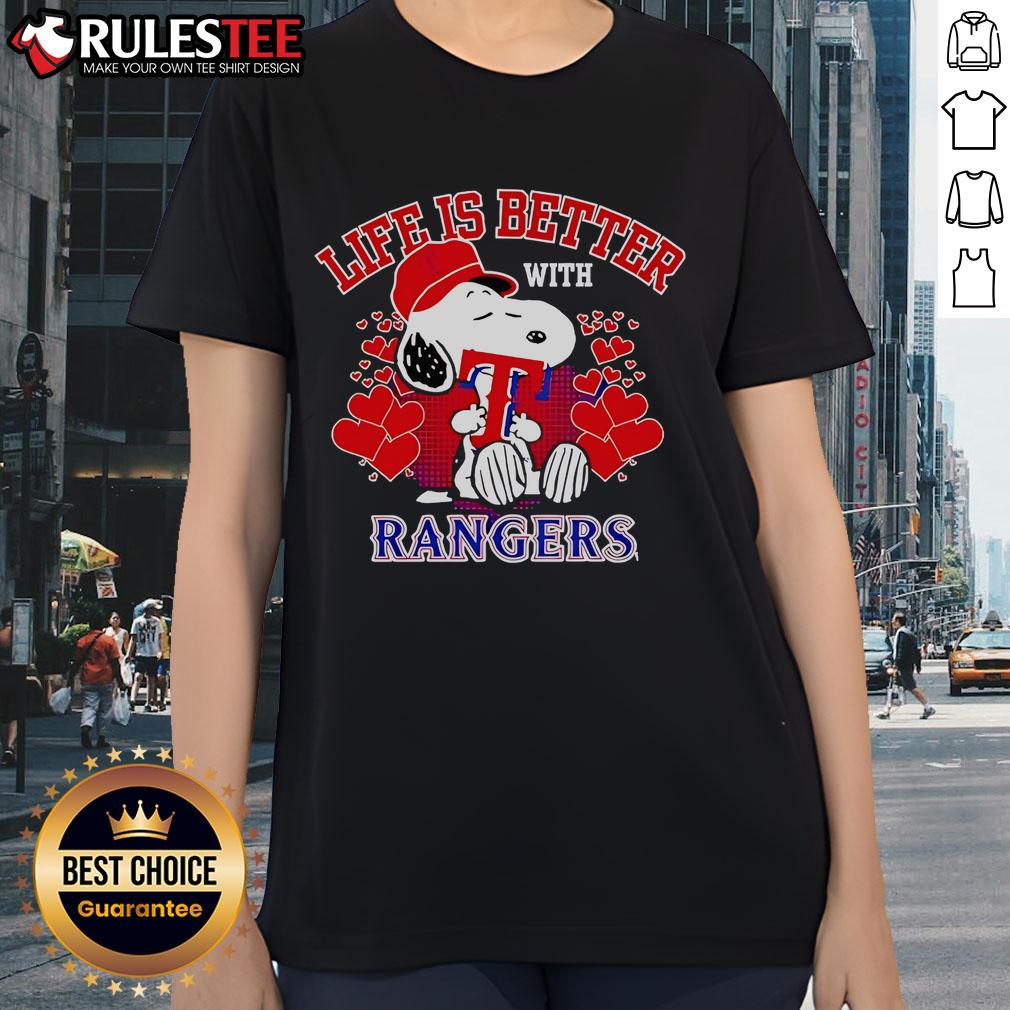 Alt Text: Top Snoopy Life Is Better With Rangers Ladies Tee featuring a playful Snoopy graphic in vibrant colors.