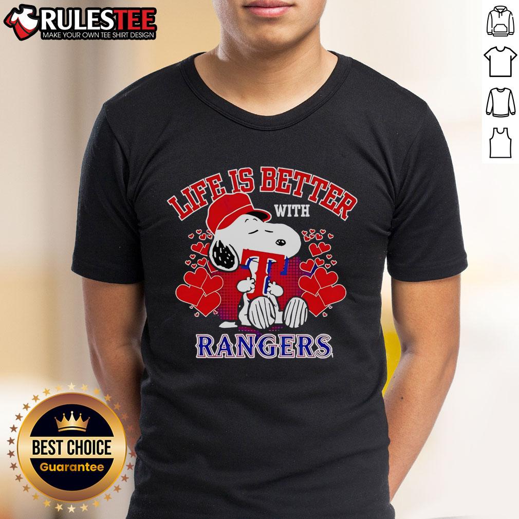 Alt Text: Top Snoopy Life Is Better With Rangers T-Shirt featuring Snoopy and Rangers logo in vibrant colors.