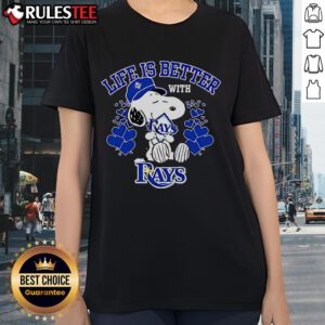 Top Snoopy Life Is Better With Rays Ladies Tee featuring a playful Snoopy graphic on a stylish women's shirt.