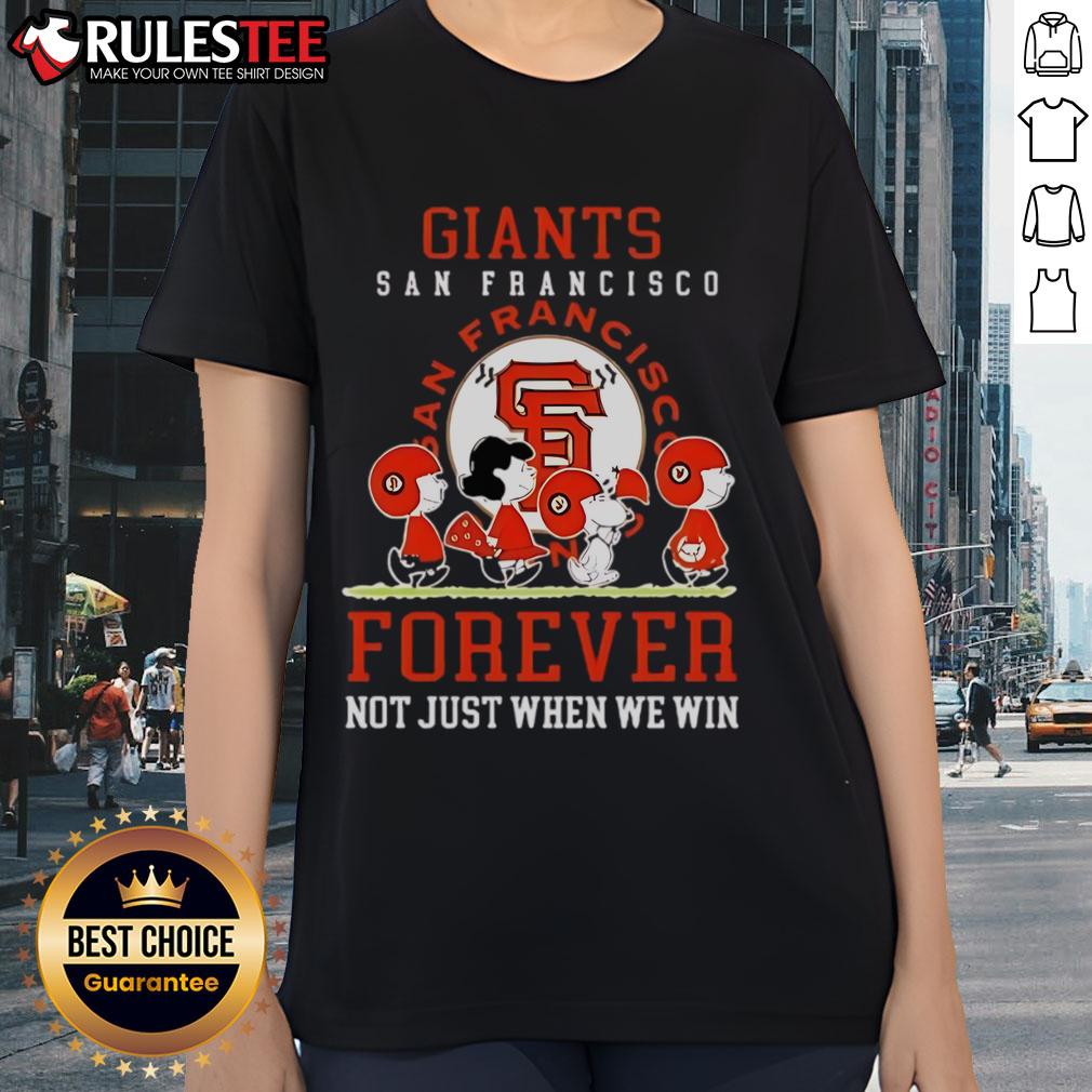 Awesome Peanuts Charlie Brown Snoopy San Francisco Giants baseball tee for ladies, celebrating fandom beyond wins.