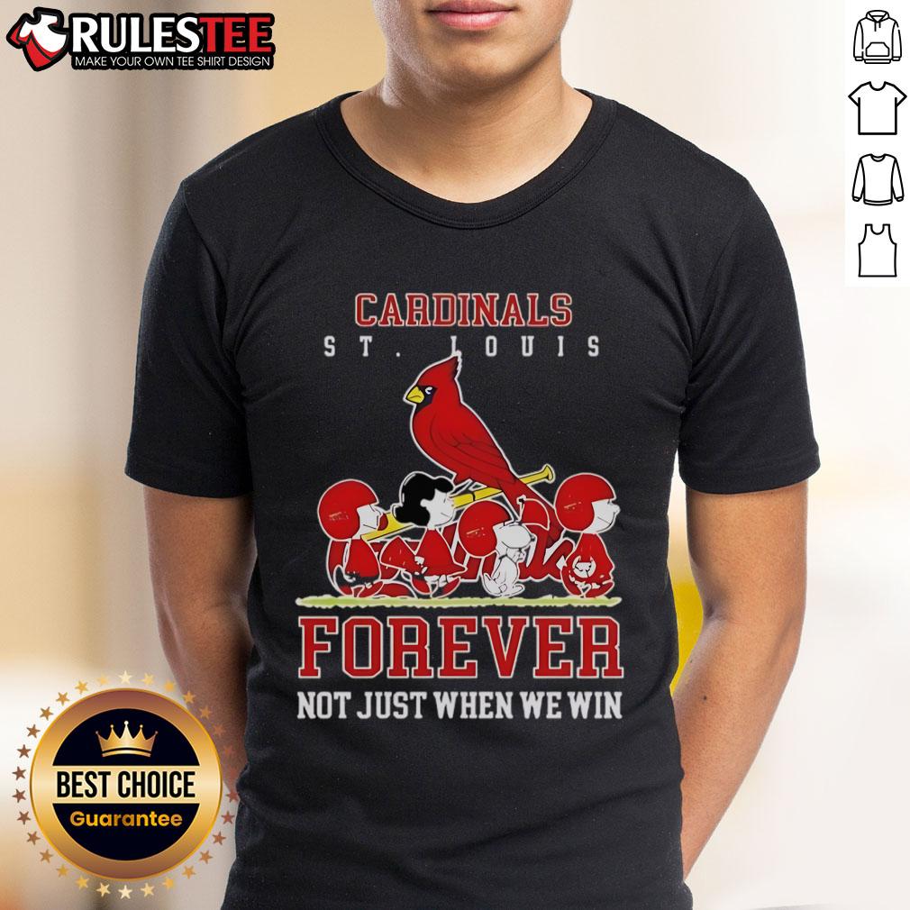 Awesome Peanuts Charlie Brown and Snoopy St. Louis Cardinals baseball t-shirt: 'Forever Not Just When We Win' design.