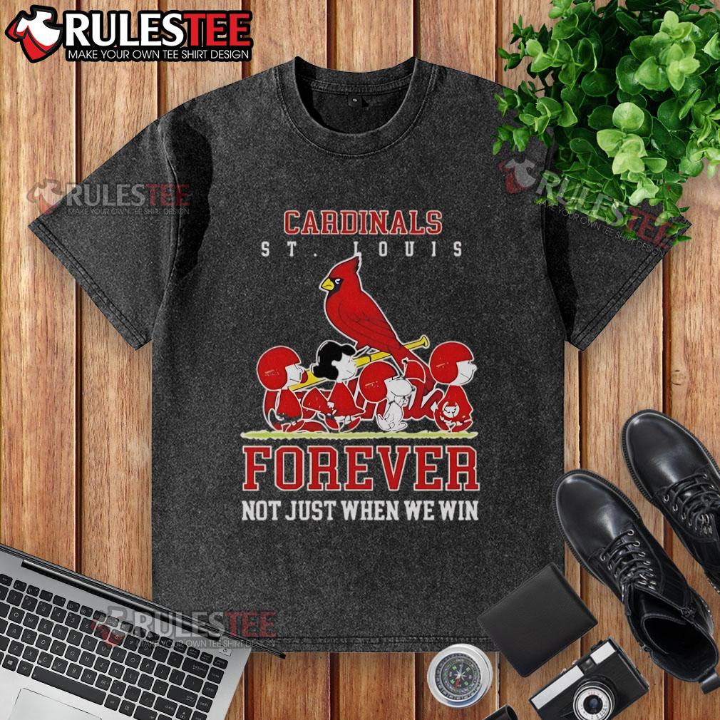 Awesome Peanuts Charlie Brown Snoopy St. Louis Cardinals baseball washed t-shirt design celebrating fandom and loyalty.