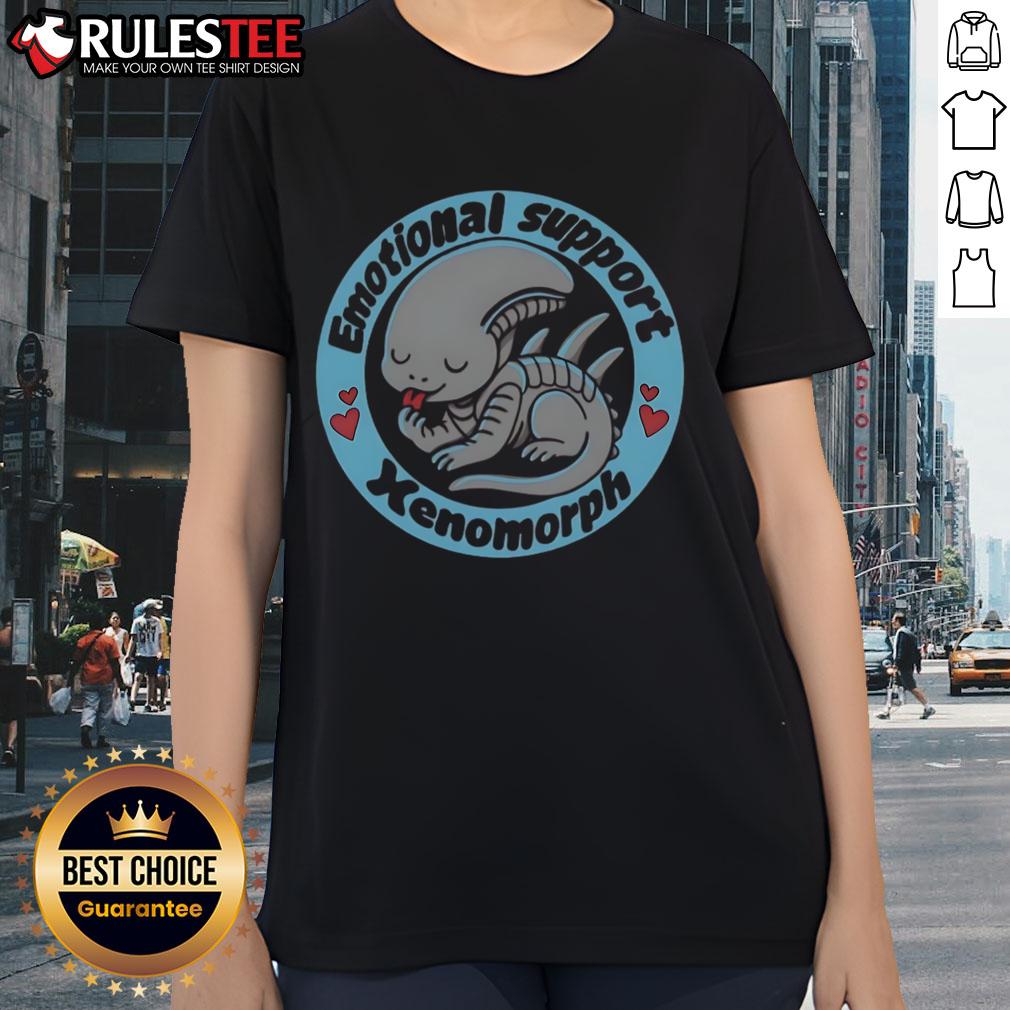 Alt Text: Cute emotional support xenomorph alien graphic on a ladies tee, perfect for sci-fi fans and stylish comfort.