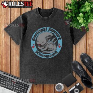 Alt Text: Cute emotional support Xenomorph alien predator washed t-shirt featuring a playful design and vibrant colors.