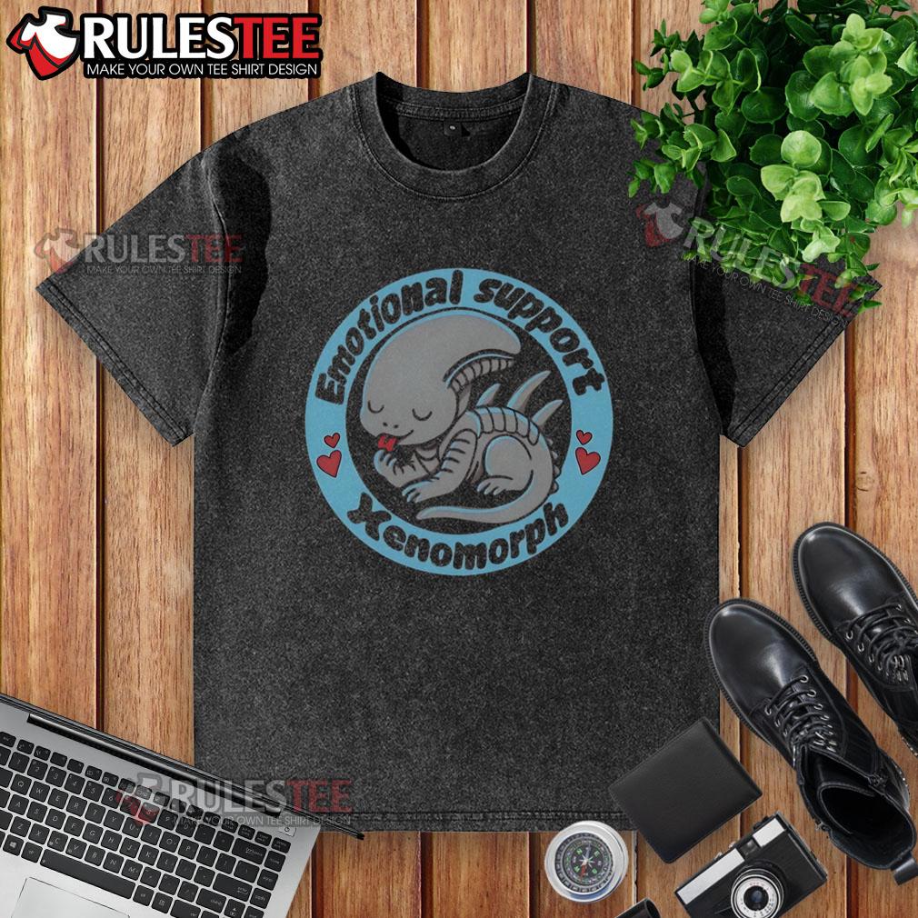 Alt Text: Cute emotional support Xenomorph alien predator washed t-shirt featuring a playful design and vibrant colors.