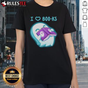 Cute ghost graphic on a 'I Heart Boo-ks' ladies tee, perfect for Halloween and book lovers.