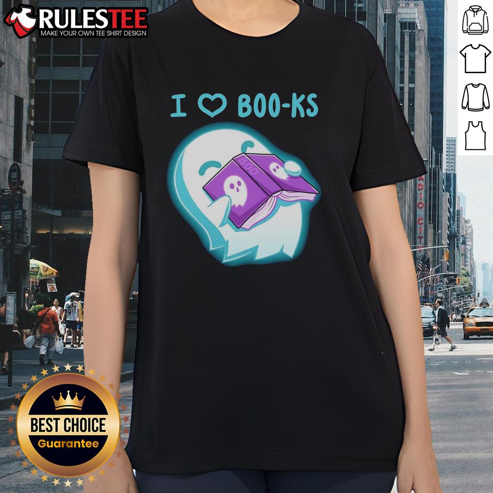 Cute ghost graphic on a 'I Heart Boo-ks' ladies tee, perfect for Halloween and book lovers.