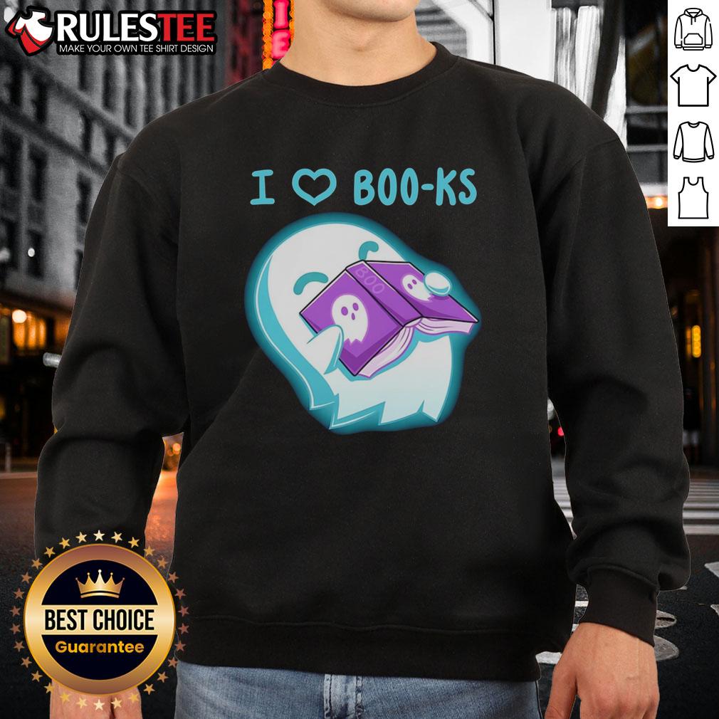 Cute ghost graphic on 'I Heart Boo-ks' sweatshirt, perfect for Halloween lovers and cozy fall fashion.