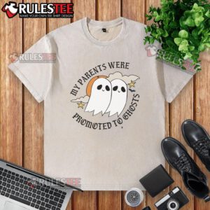 Cute 'My Parents Were Promoted To Ghosts' washed t-shirt, perfect for spooky season or Halloween festivities.