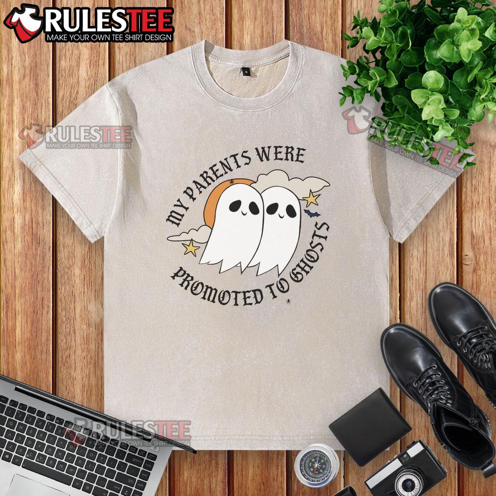 Cute 'My Parents Were Promoted To Ghosts' washed t-shirt, perfect for spooky season or Halloween festivities.
