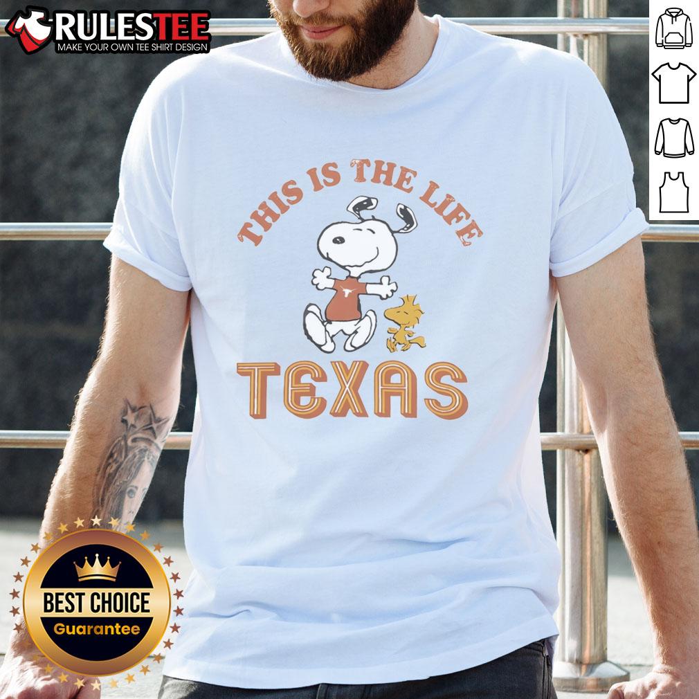 Alt Text: Cute Snoopy This Is The Life Texas Longhorns football T-shirt featuring playful graphics and team colors.
