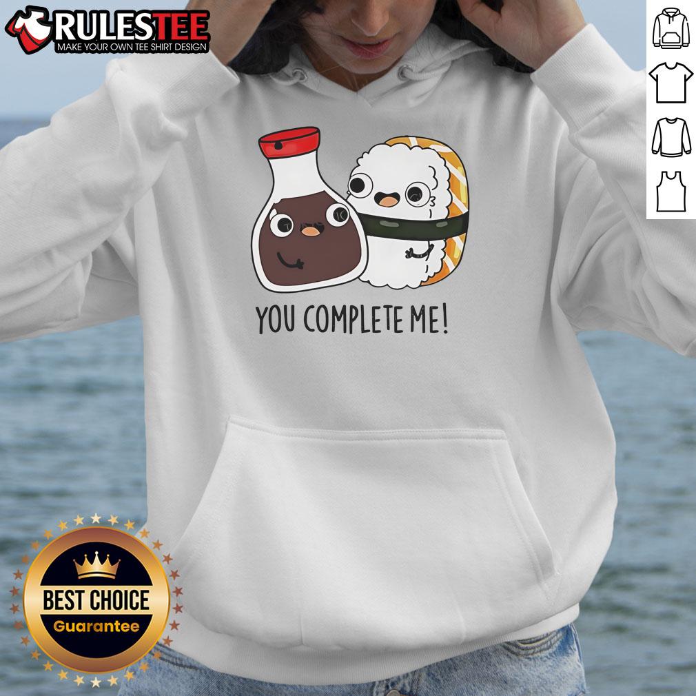 Alt Text: Cute soy sauce and sushi hoodie with 'You Complete Me' design, perfect for food lovers and sushi enthusiasts.