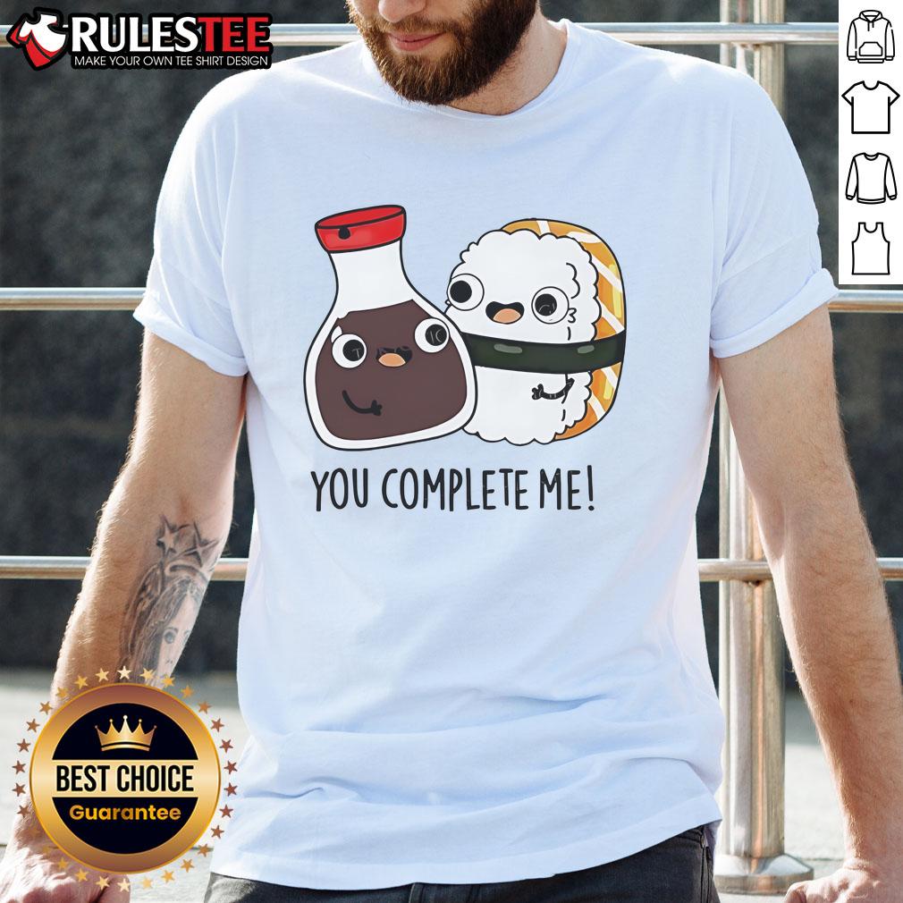 Alt Text: Cute Soy Sauce and Sushi You Complete Me T-Shirt featuring a playful graphic design perfect for sushi lovers.