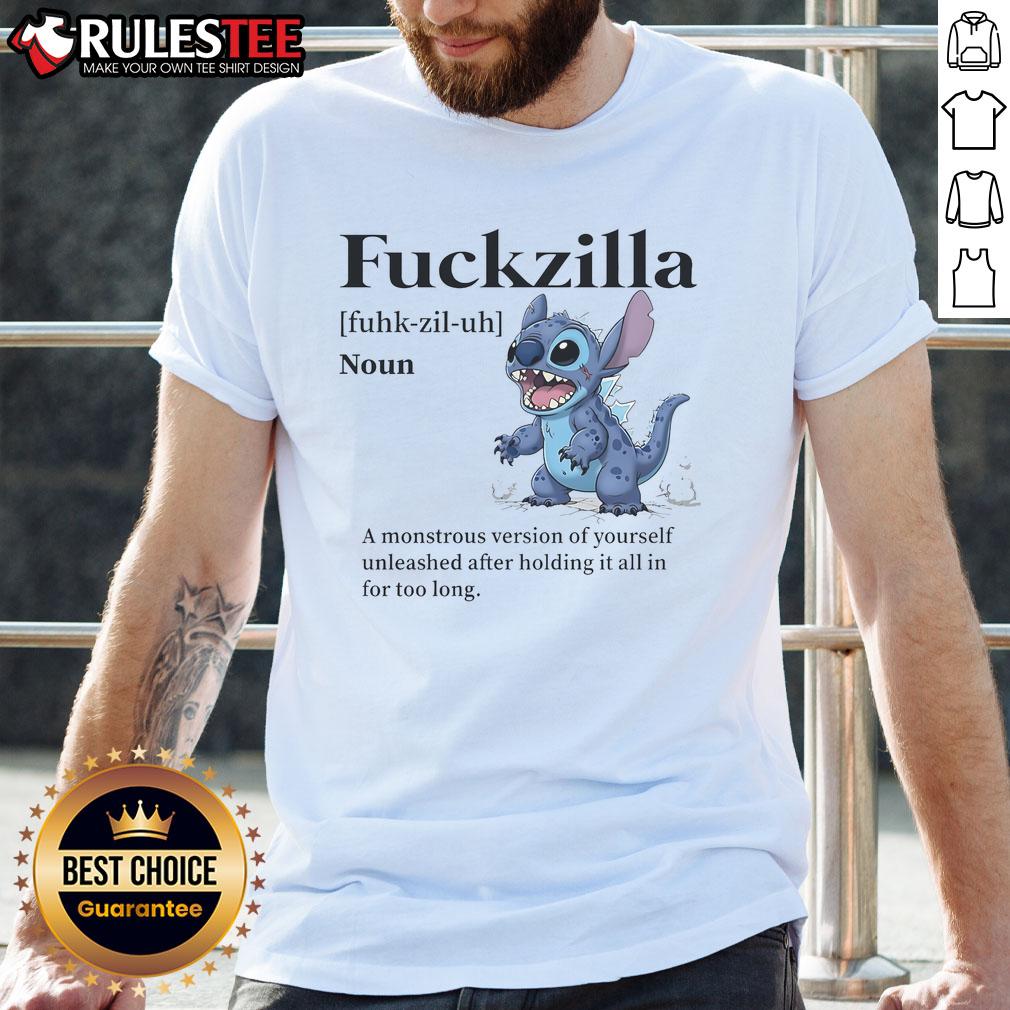 Alt Text: Cute Stitch Fckzilla t-shirt featuring a monstrous character, perfect for expressing emotions and style.