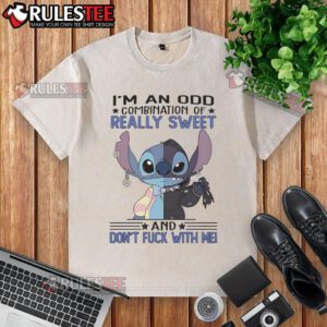 Alt Text: Cute Stitch I'm An Odd Combination Of Really Sweet And Don't Fck With Me washed t-shirt design featuring vibrant colors.