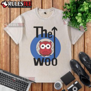 Cute The Woo Owl logo on a washed t-shirt, featuring a playful owl design and soft fabric for casual wear.