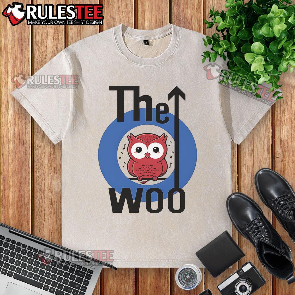 Cute The Woo Owl logo on a washed t-shirt, featuring a playful owl design and soft fabric for casual wear.