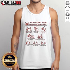 Funny crab gang sign recognition guide tank top featuring a playful crab graphic and vibrant colors for beachwear.