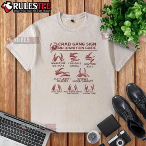 Funny crab gang sign recognition guide graphic on a washed t-shirt, showcasing vibrant colors and playful design.