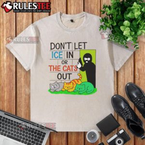 Funny Don't Let ICE In or the Cats Out washed t-shirt design featuring playful graphics and vibrant colors. Perfect for cat lovers!